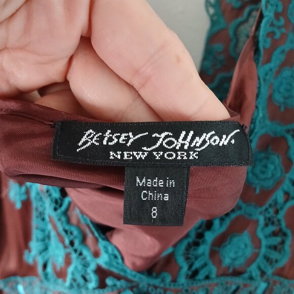 VTG Betsey Johnson Size 8 Women's‎ 100% Silk Dress Brown Blue Crochet Midi Lined - Picture 5 of 16